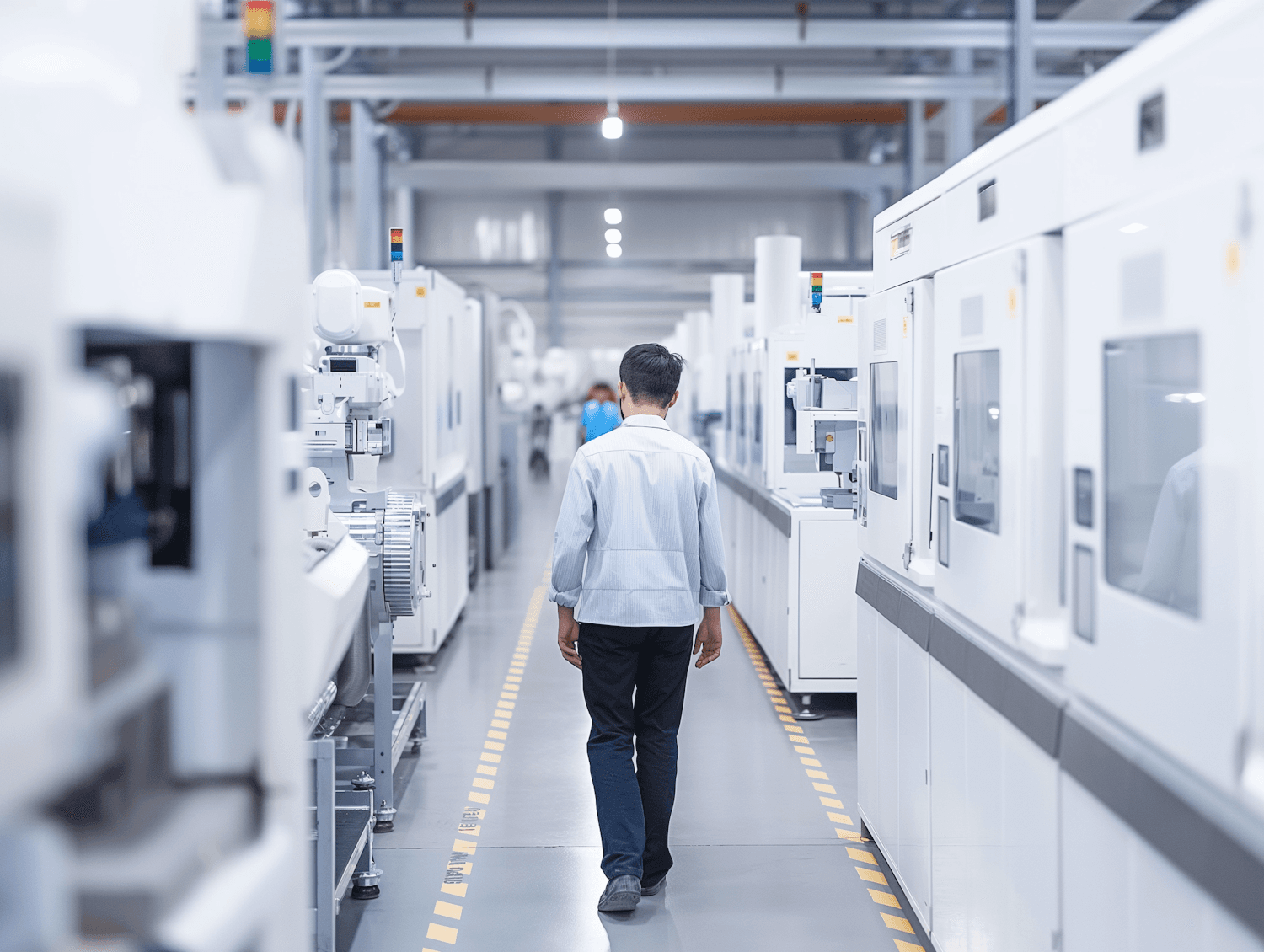 Team member walking through a clean, modern production facility
