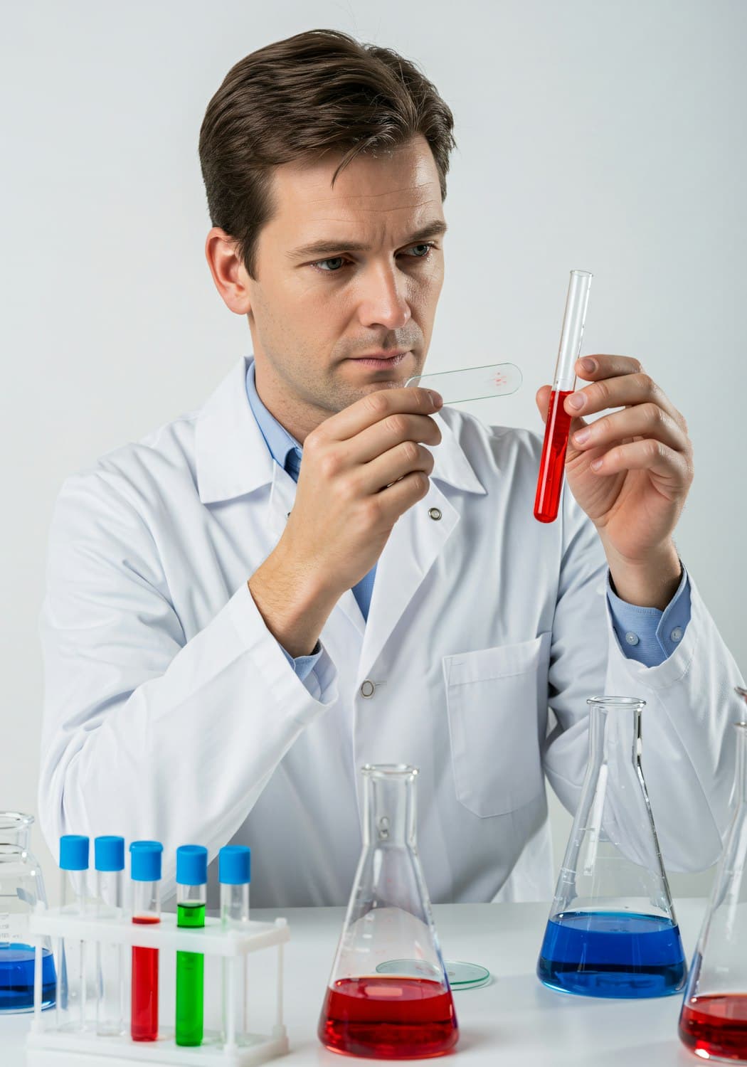 Chemist inspecting a liquid sample in the quality control laboratory