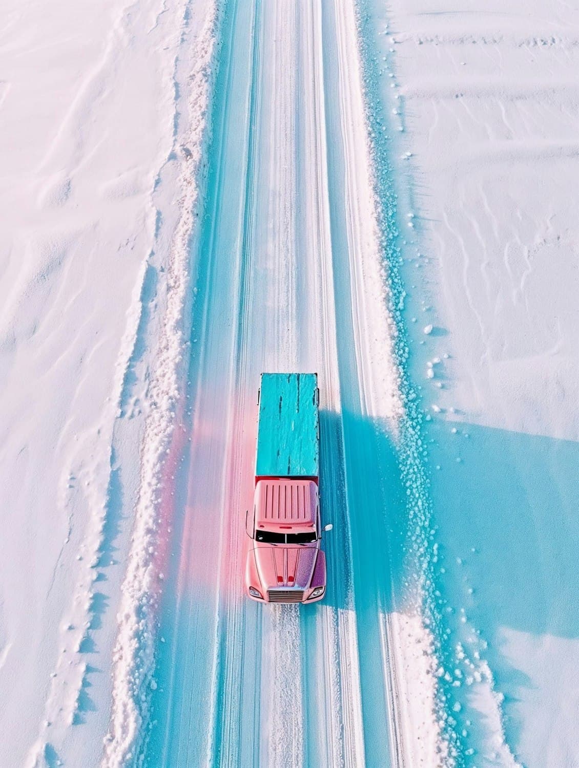Delivery truck travelling along a long straight road, seen from above