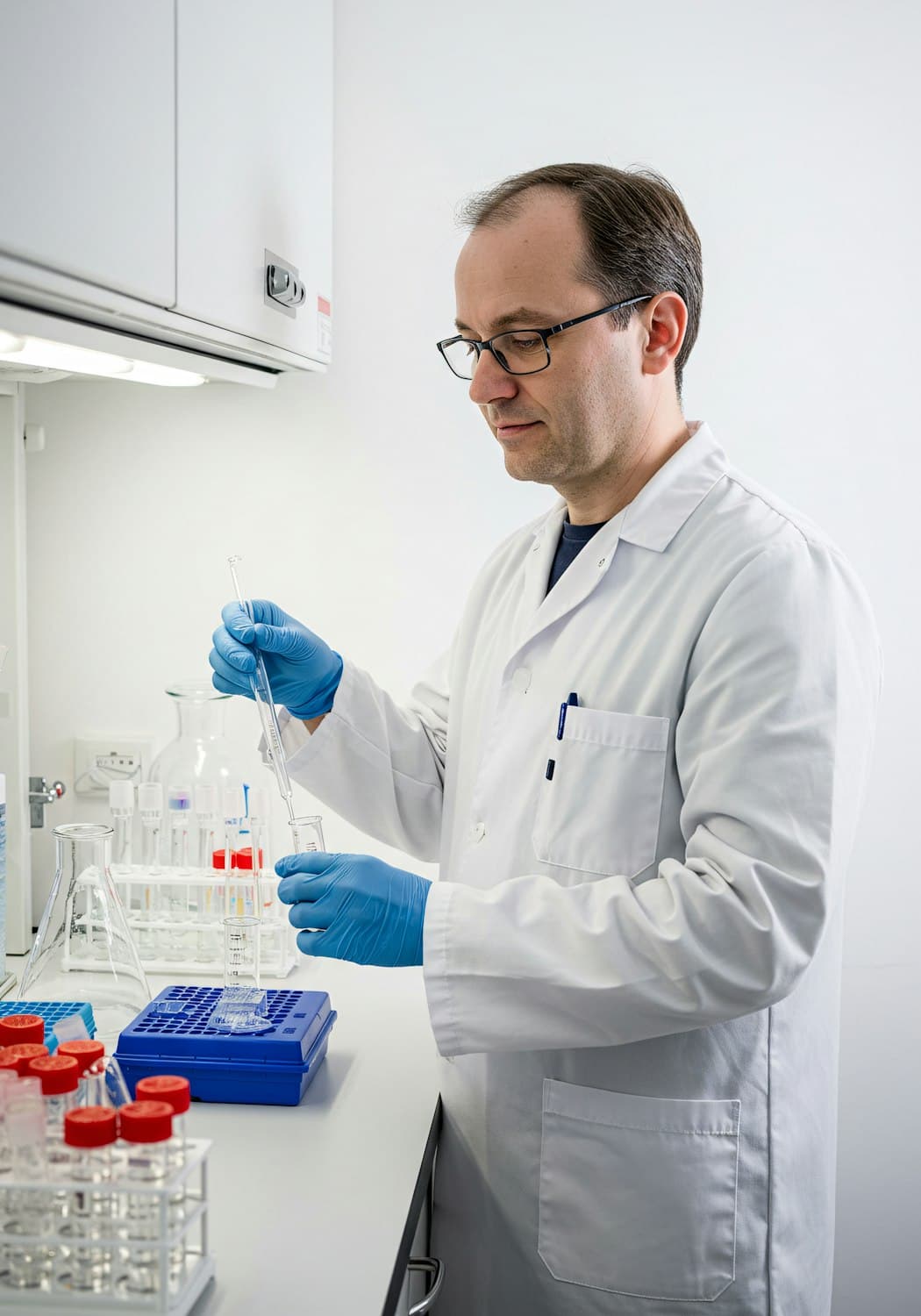 Technician in protective gloves preparing a sample in the quality control laboratory